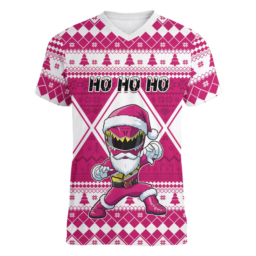 Personalized Power Pink Ranger Santa Claus Women V-Neck T-Shirt Funny Christmas - Wonder Print Shop
