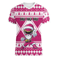 Personalized Power Pink Ranger Santa Claus Women V-Neck T-Shirt Funny Christmas - Wonder Print Shop