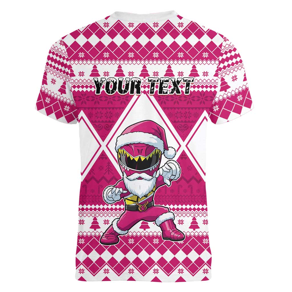 Personalized Power Pink Ranger Santa Claus Women V-Neck T-Shirt Funny Christmas - Wonder Print Shop
