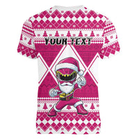 Personalized Power Pink Ranger Santa Claus Women V-Neck T-Shirt Funny Christmas - Wonder Print Shop