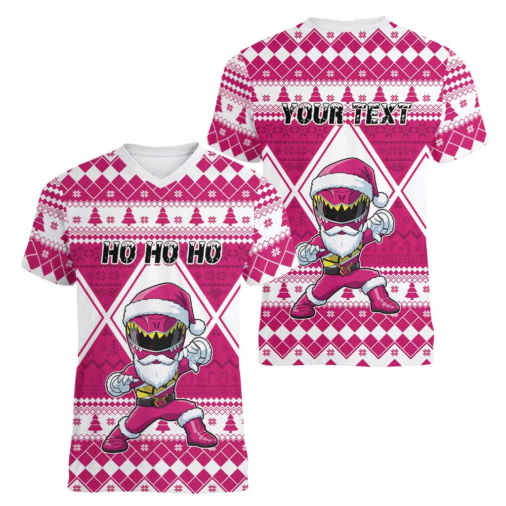 Personalized Power Pink Ranger Santa Claus Women V-Neck T-Shirt Funny Christmas - Wonder Print Shop