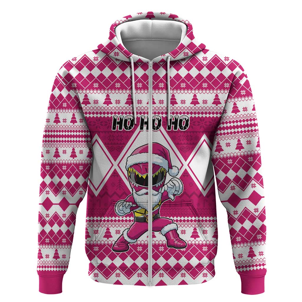 Personalized Power Pink Ranger Santa Claus Zip Hoodie Funny Christmas - Wonder Print Shop