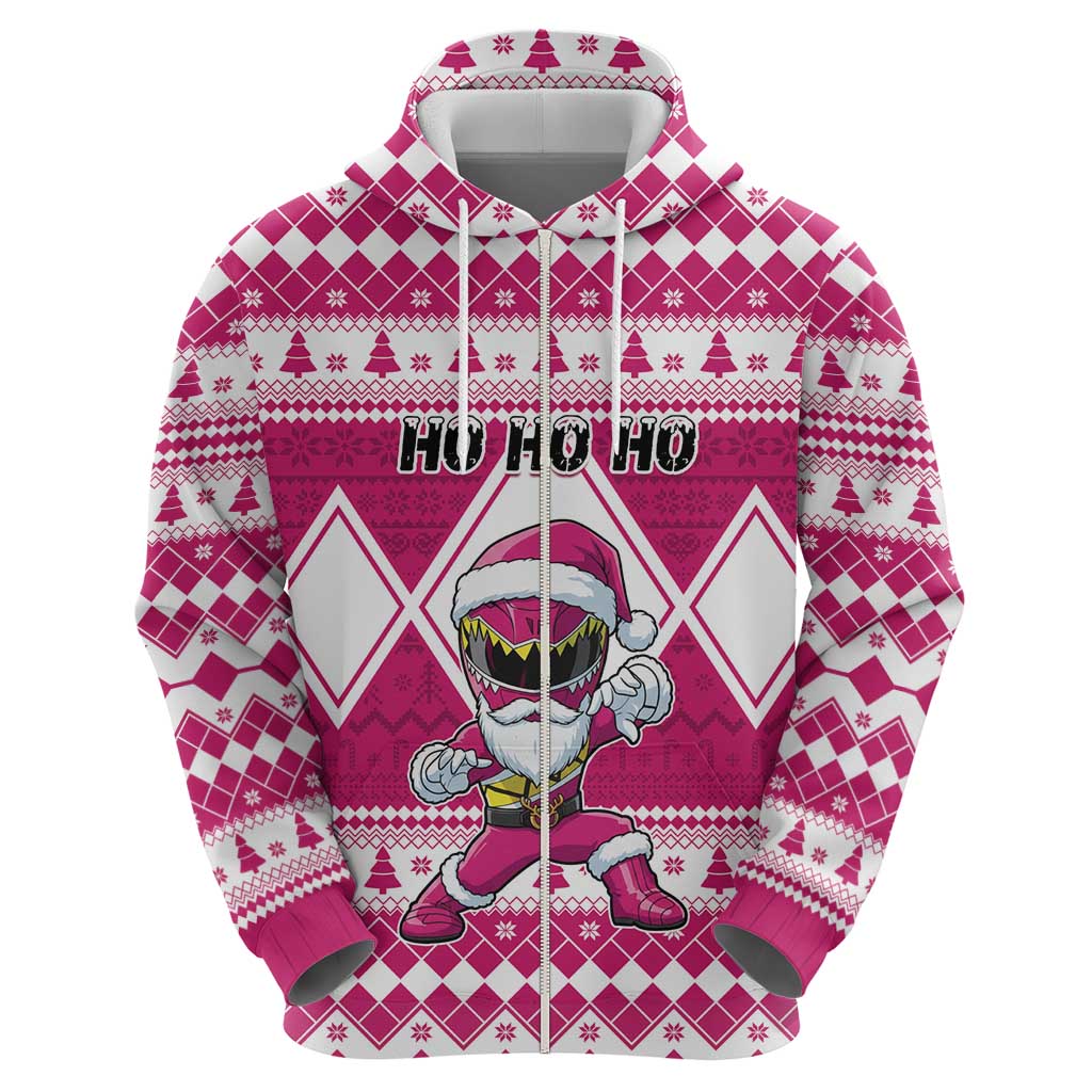 Personalized Power Pink Ranger Santa Claus Zip Hoodie Funny Christmas - Wonder Print Shop