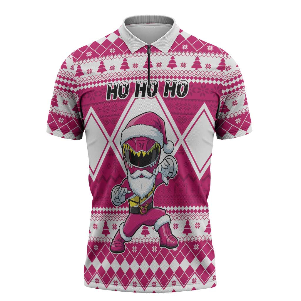 Personalized Power Pink Ranger Santa Claus Zipper Polo Shirt Funny Christmas - Wonder Print Shop