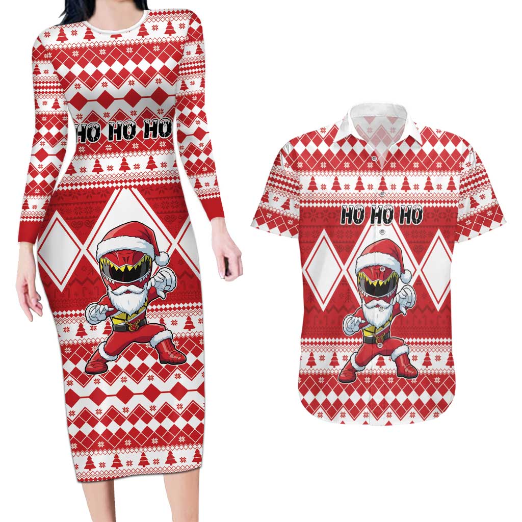 Personalized Power Red Ranger Santa Claus Couples Matching Long Sleeve Bodycon Dress and Hawaiian Shirt Funny Christmas - Wonder Print Shop