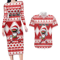 Personalized Power Red Ranger Santa Claus Couples Matching Long Sleeve Bodycon Dress and Hawaiian Shirt Funny Christmas - Wonder Print Shop