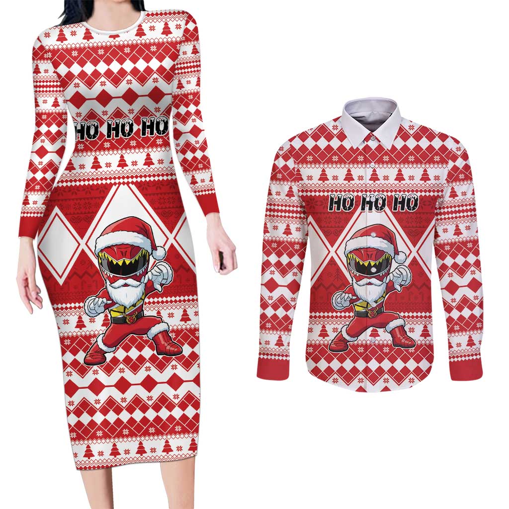 Personalized Power Red Ranger Santa Claus Couples Matching Long Sleeve Bodycon Dress and Long Sleeve Button Shirt Funny Christmas - Wonder Print Shop