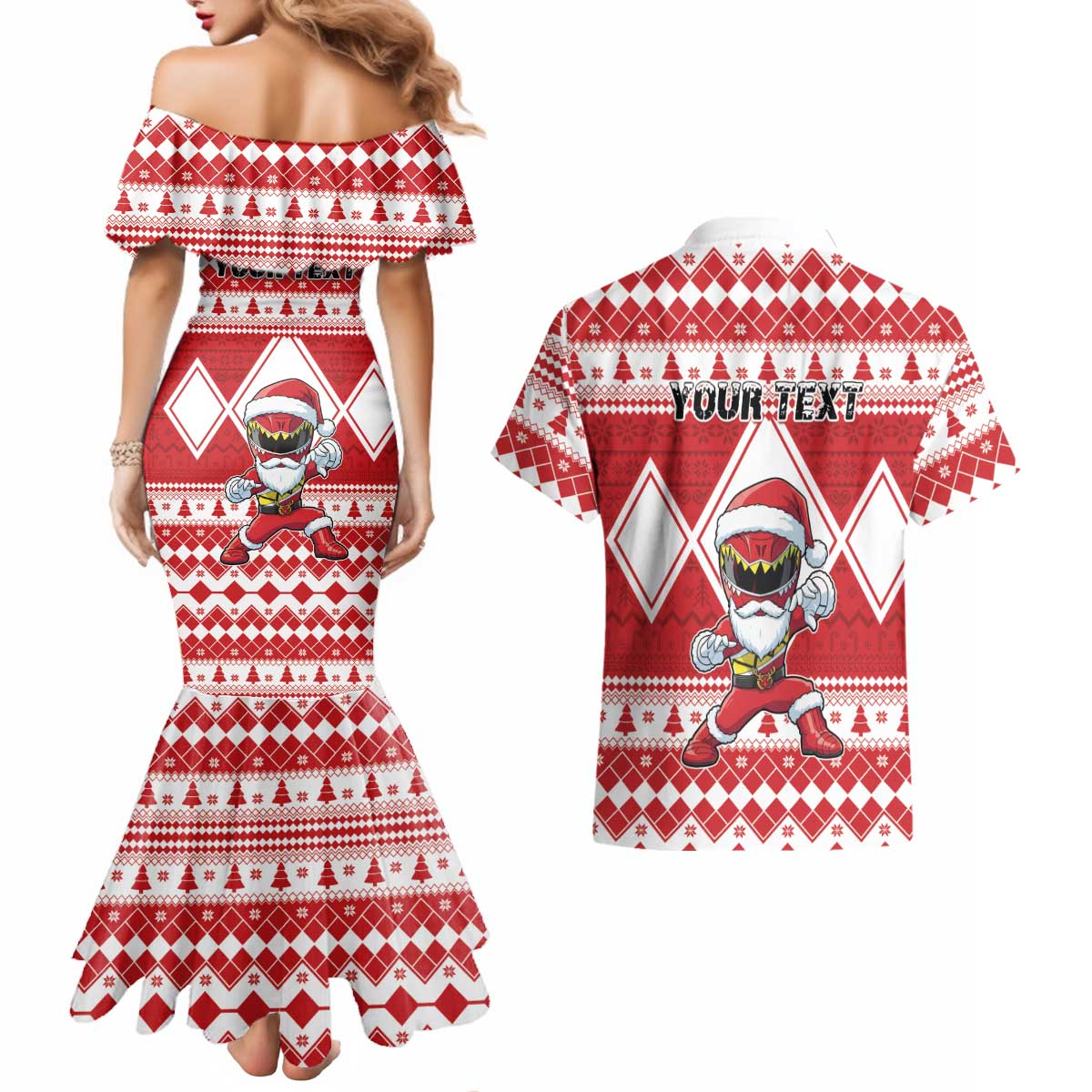 Personalized Power Red Ranger Santa Claus Couples Matching Mermaid Dress and Hawaiian Shirt Funny Christmas - Wonder Print Shop