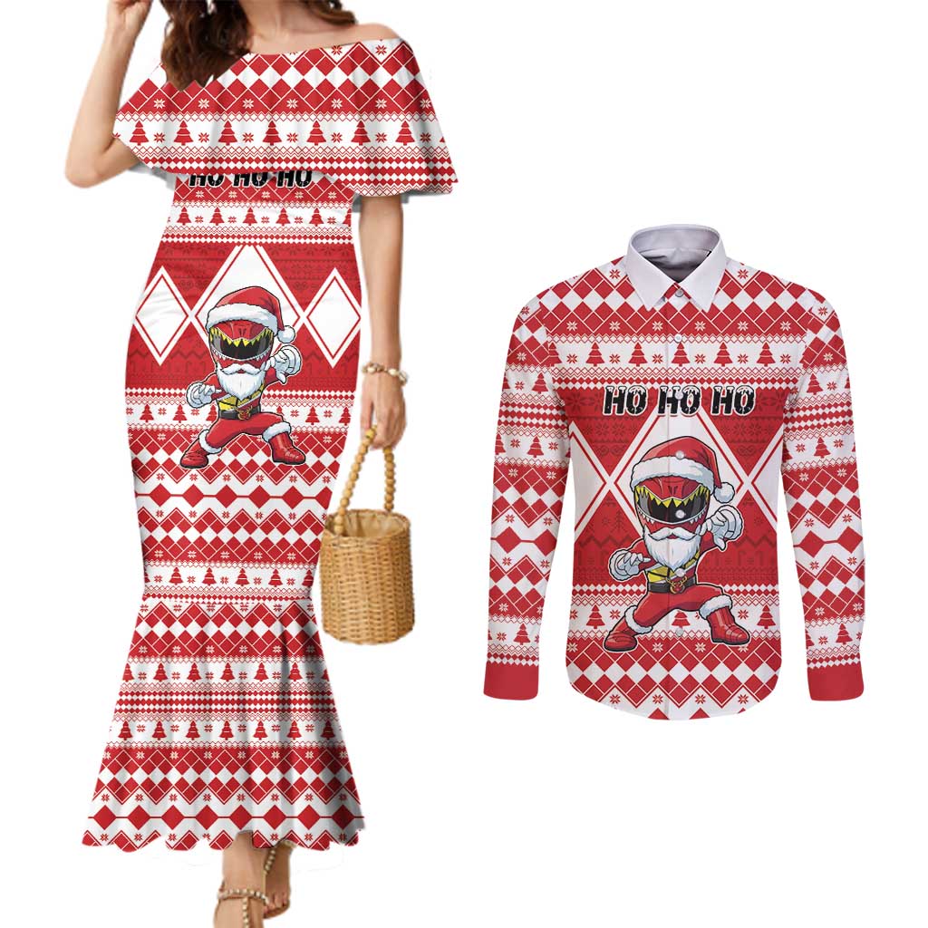 Personalized Power Red Ranger Santa Claus Couples Matching Mermaid Dress and Long Sleeve Button Shirt Funny Christmas - Wonder Print Shop
