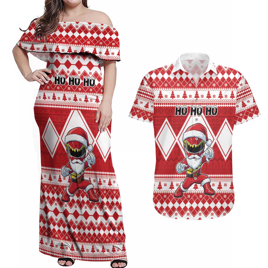 Personalized Power Red Ranger Santa Claus Couples Matching Off Shoulder Maxi Dress and Hawaiian Shirt Funny Christmas - Wonder Print Shop