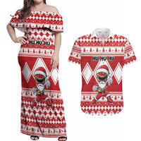 Personalized Power Red Ranger Santa Claus Couples Matching Off Shoulder Maxi Dress and Hawaiian Shirt Funny Christmas - Wonder Print Shop