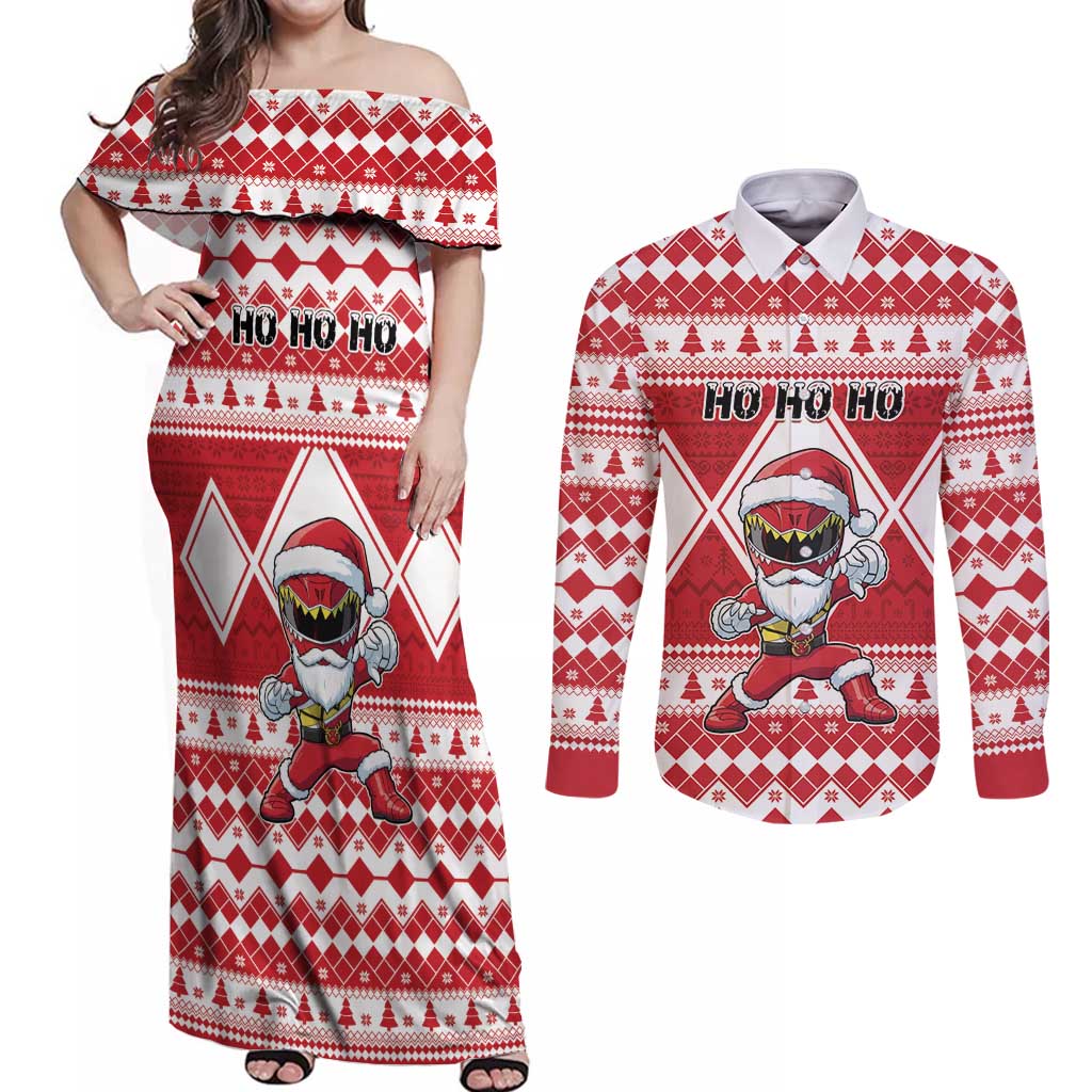 Personalized Power Red Ranger Santa Claus Couples Matching Off Shoulder Maxi Dress and Long Sleeve Button Shirt Funny Christmas - Wonder Print Shop
