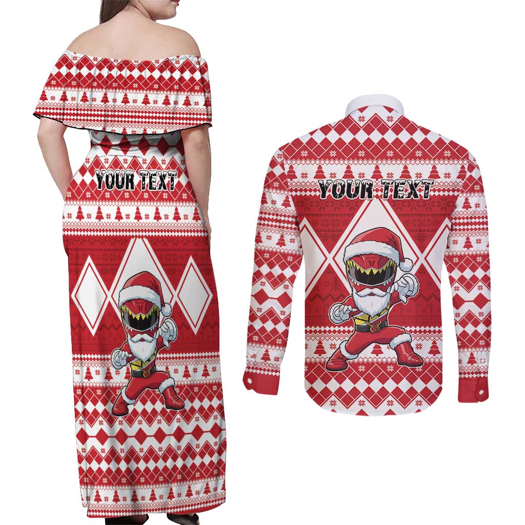 Personalized Power Red Ranger Santa Claus Couples Matching Off Shoulder Maxi Dress and Long Sleeve Button Shirt Funny Christmas - Wonder Print Shop