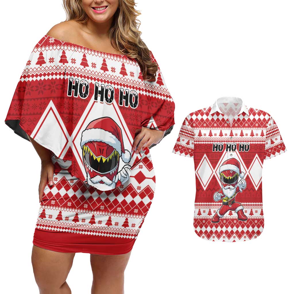 Personalized Power Red Ranger Santa Claus Couples Matching Off Shoulder Short Dress and Hawaiian Shirt Funny Christmas - Wonder Print Shop
