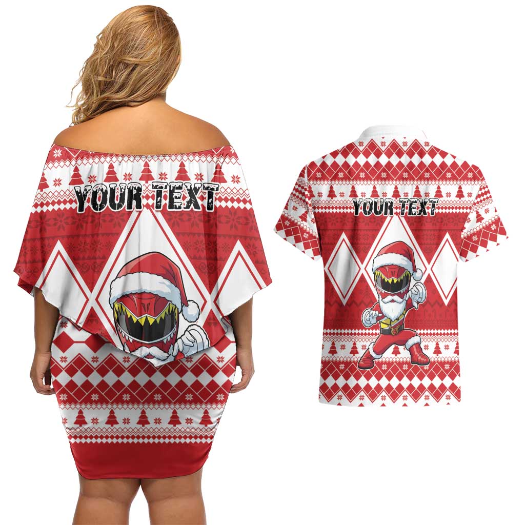 Personalized Power Red Ranger Santa Claus Couples Matching Off Shoulder Short Dress and Hawaiian Shirt Funny Christmas - Wonder Print Shop