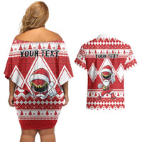 Personalized Power Red Ranger Santa Claus Couples Matching Off Shoulder Short Dress and Hawaiian Shirt Funny Christmas - Wonder Print Shop