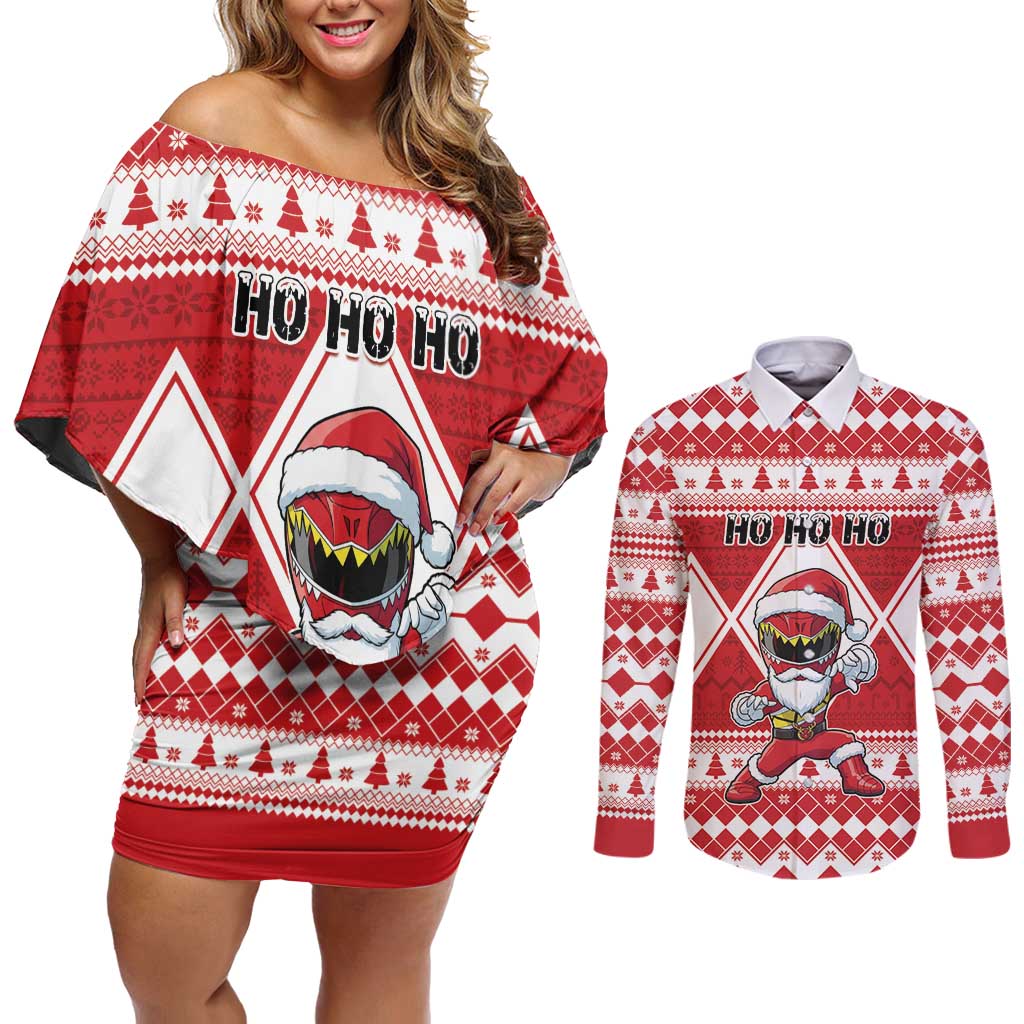 Personalized Power Red Ranger Santa Claus Couples Matching Off Shoulder Short Dress and Long Sleeve Button Shirt Funny Christmas - Wonder Print Shop