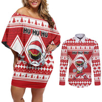 Personalized Power Red Ranger Santa Claus Couples Matching Off Shoulder Short Dress and Long Sleeve Button Shirt Funny Christmas - Wonder Print Shop