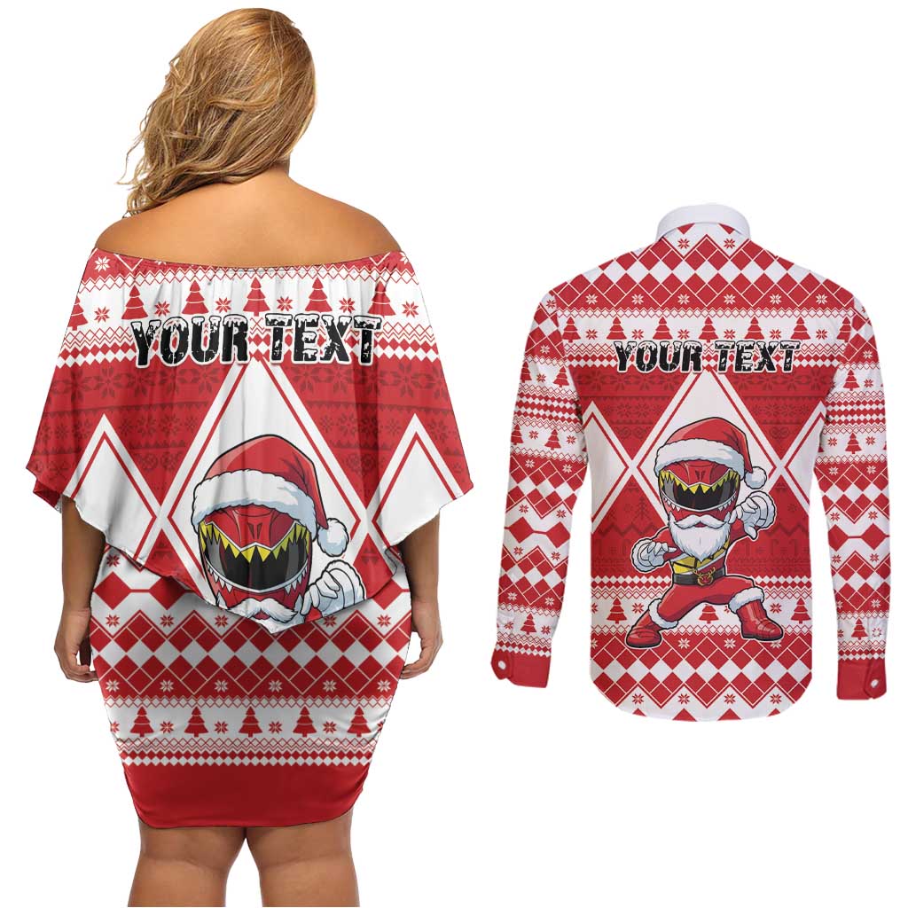 Personalized Power Red Ranger Santa Claus Couples Matching Off Shoulder Short Dress and Long Sleeve Button Shirt Funny Christmas - Wonder Print Shop