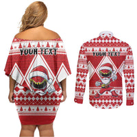 Personalized Power Red Ranger Santa Claus Couples Matching Off Shoulder Short Dress and Long Sleeve Button Shirt Funny Christmas - Wonder Print Shop