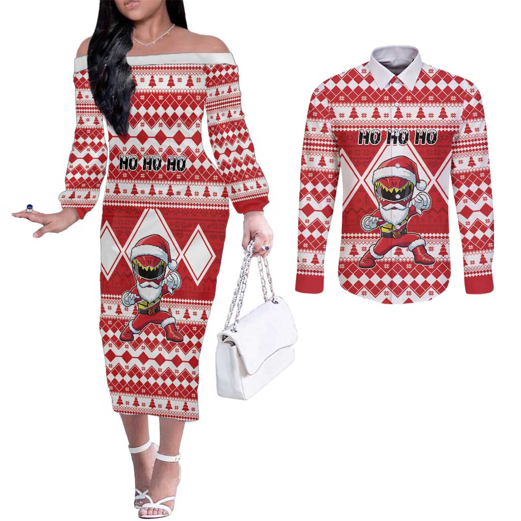 Personalized Power Red Ranger Santa Claus Couples Matching Off The Shoulder Long Sleeve Dress and Long Sleeve Button Shirt Funny Christmas - Wonder Print Shop
