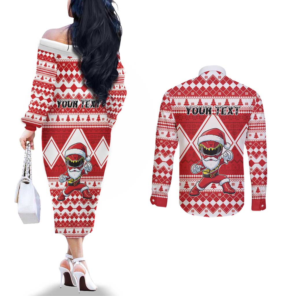 Personalized Power Red Ranger Santa Claus Couples Matching Off The Shoulder Long Sleeve Dress and Long Sleeve Button Shirt Funny Christmas - Wonder Print Shop