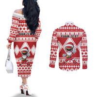 Personalized Power Red Ranger Santa Claus Couples Matching Off The Shoulder Long Sleeve Dress and Long Sleeve Button Shirt Funny Christmas - Wonder Print Shop