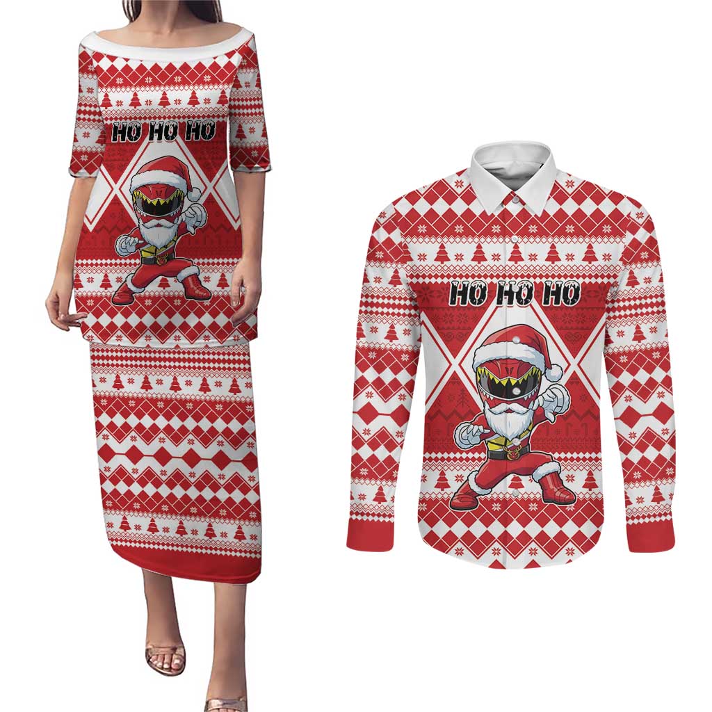 Personalized Power Red Ranger Santa Claus Couples Matching Puletasi and Long Sleeve Button Shirt Funny Christmas - Wonder Print Shop