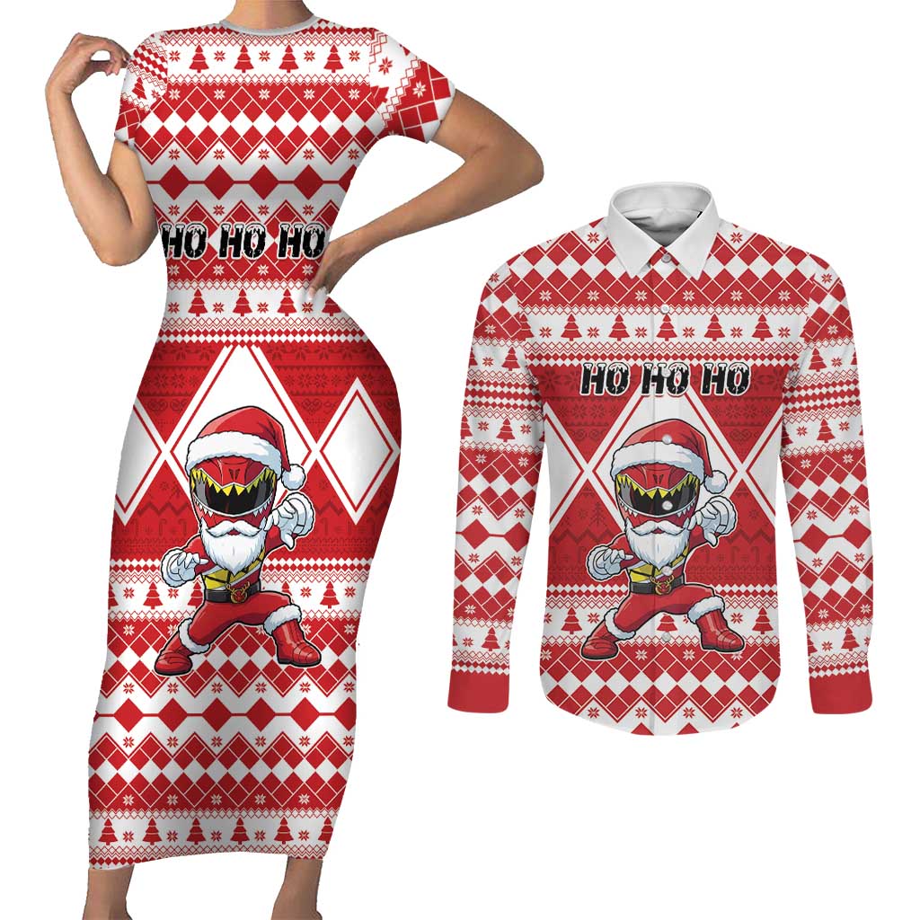 Personalized Power Red Ranger Santa Claus Couples Matching Short Sleeve Bodycon Dress and Long Sleeve Button Shirt Funny Christmas - Wonder Print Shop