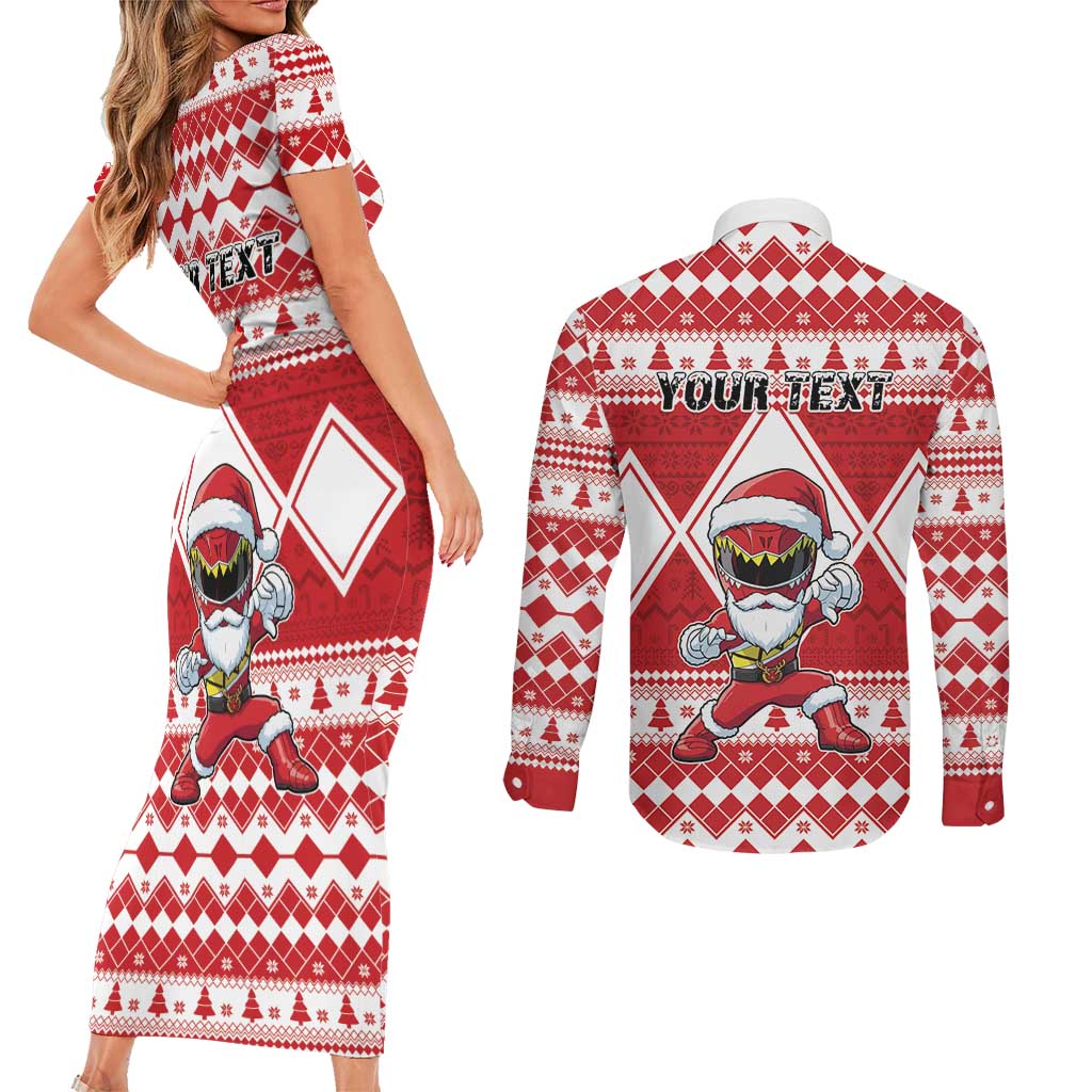 Personalized Power Red Ranger Santa Claus Couples Matching Short Sleeve Bodycon Dress and Long Sleeve Button Shirt Funny Christmas - Wonder Print Shop