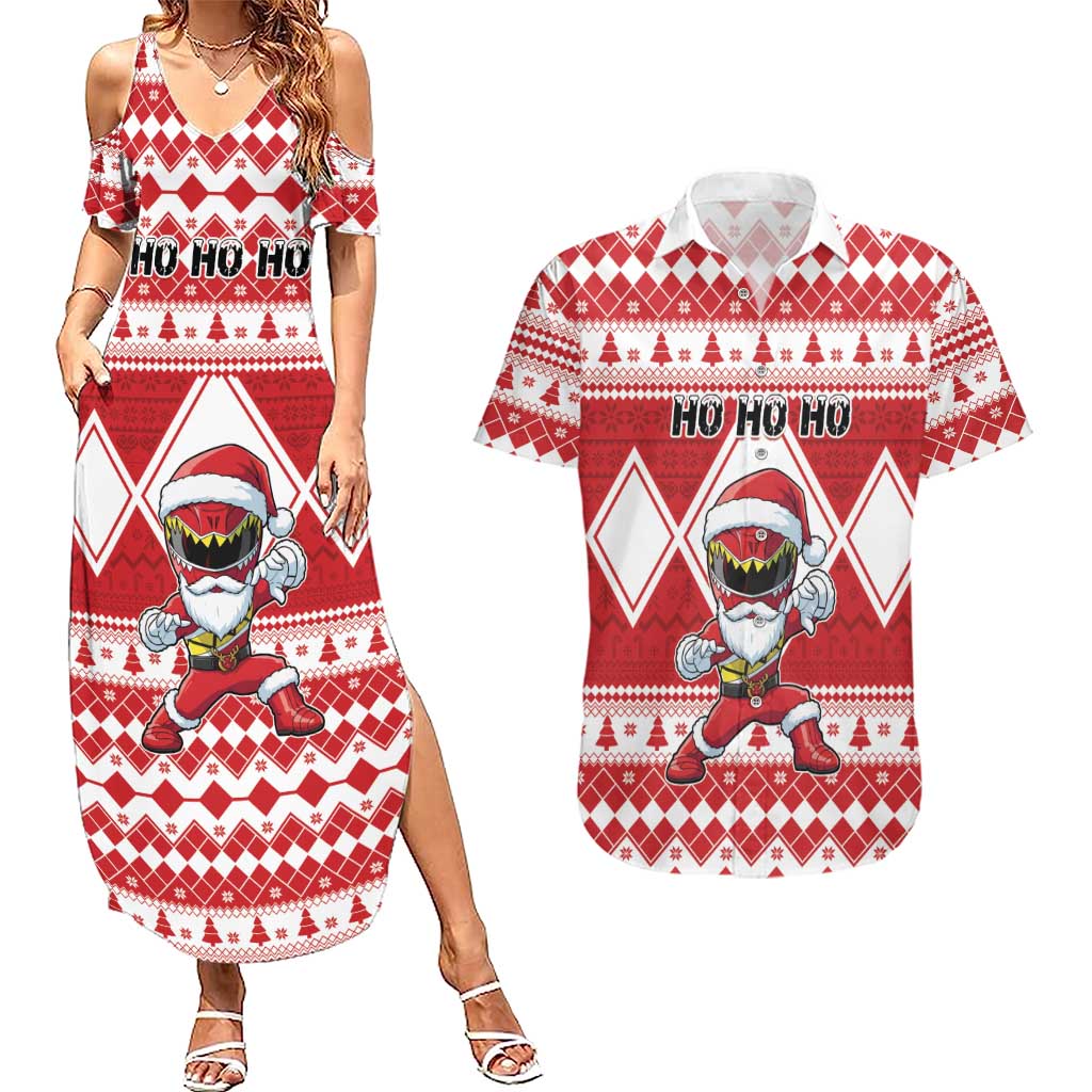 Personalized Power Red Ranger Santa Claus Couples Matching Summer Maxi Dress and Hawaiian Shirt Funny Christmas - Wonder Print Shop