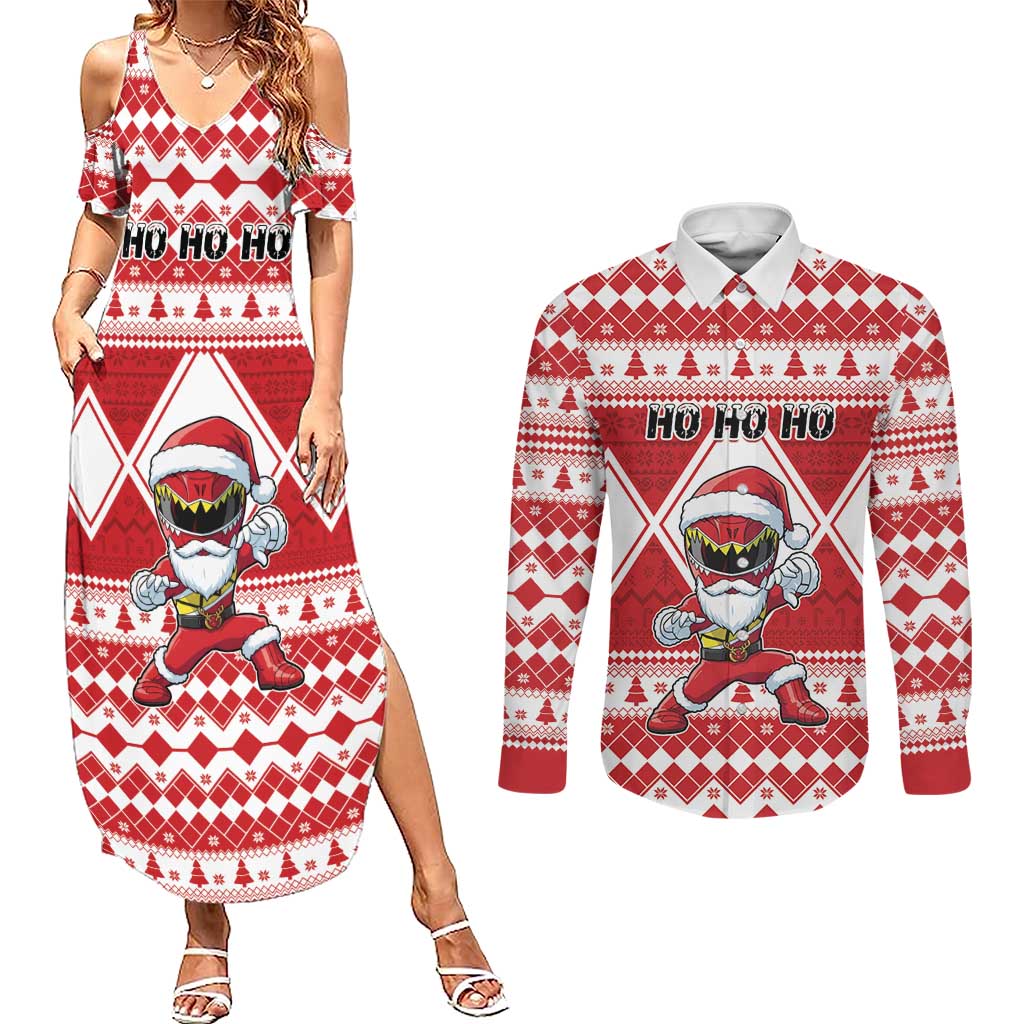 Personalized Power Red Ranger Santa Claus Couples Matching Summer Maxi Dress and Long Sleeve Button Shirt Funny Christmas - Wonder Print Shop