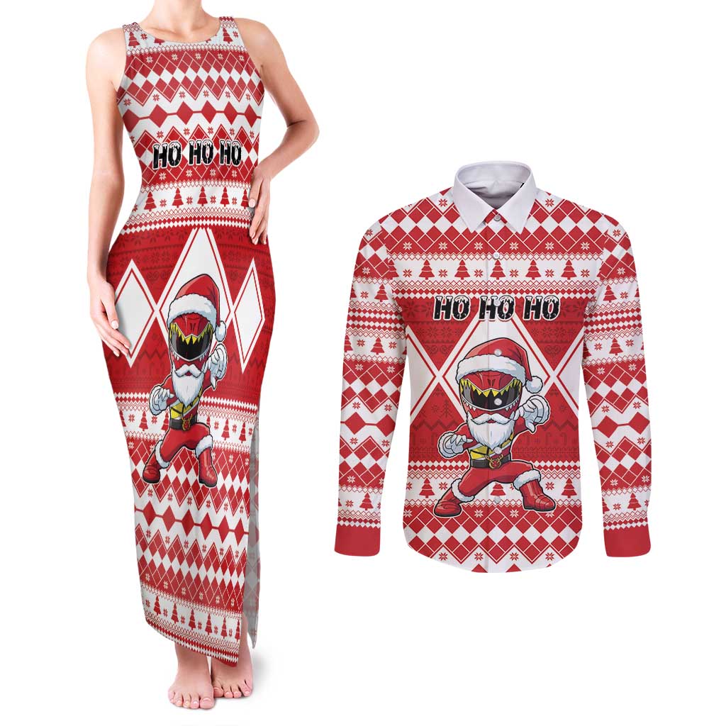 Personalized Power Red Ranger Santa Claus Couples Matching Tank Maxi Dress and Long Sleeve Button Shirt Funny Christmas - Wonder Print Shop