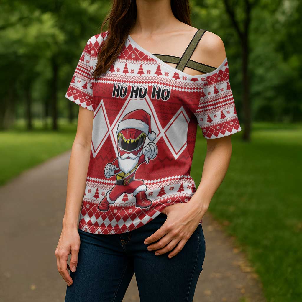 Personalized Power Red Ranger Santa Claus Cross Shoulder Shirt Funny Christmas - Wonder Print Shop