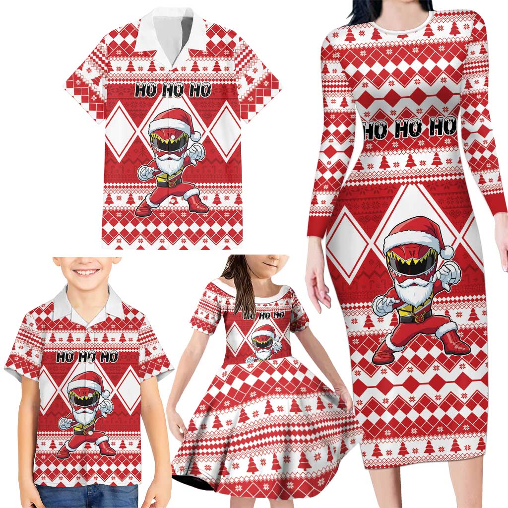 Personalized Power Red Ranger Santa Claus Family Matching Long Sleeve Bodycon Dress and Hawaiian Shirt Funny Christmas - Wonder Print Shop