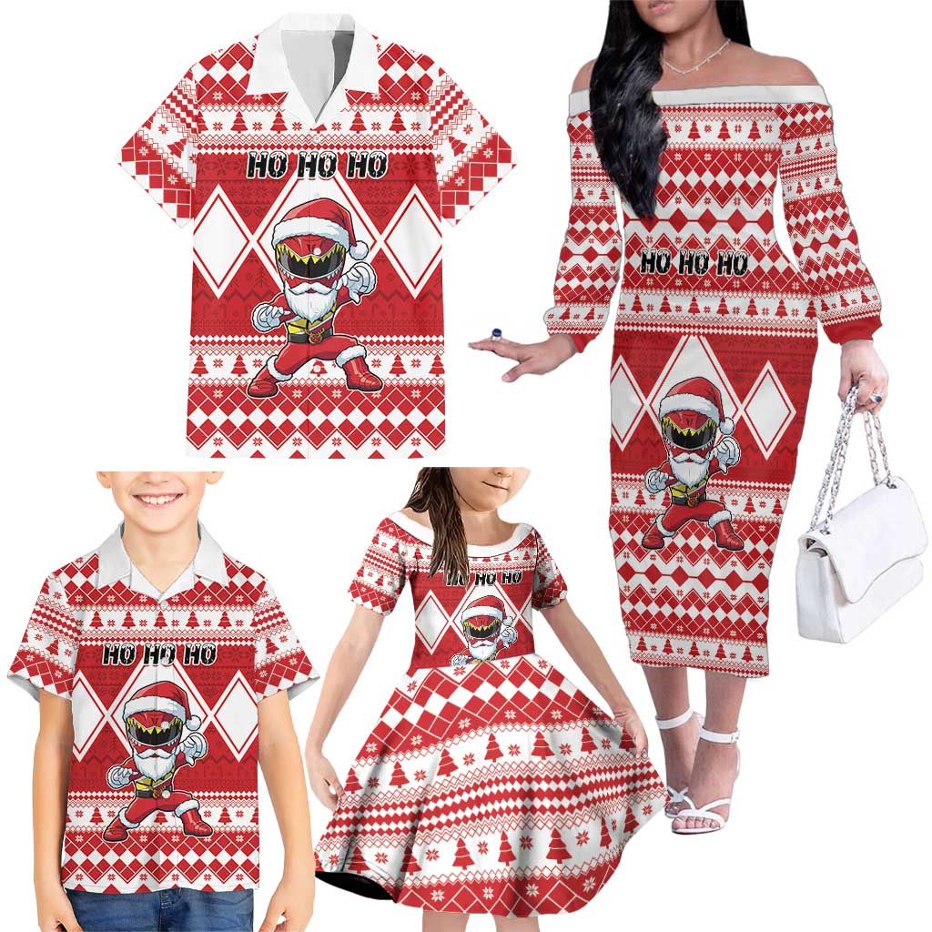 Personalized Power Red Ranger Santa Claus Family Matching Off The Shoulder Long Sleeve Dress and Hawaiian Shirt Funny Christmas - Wonder Print Shop