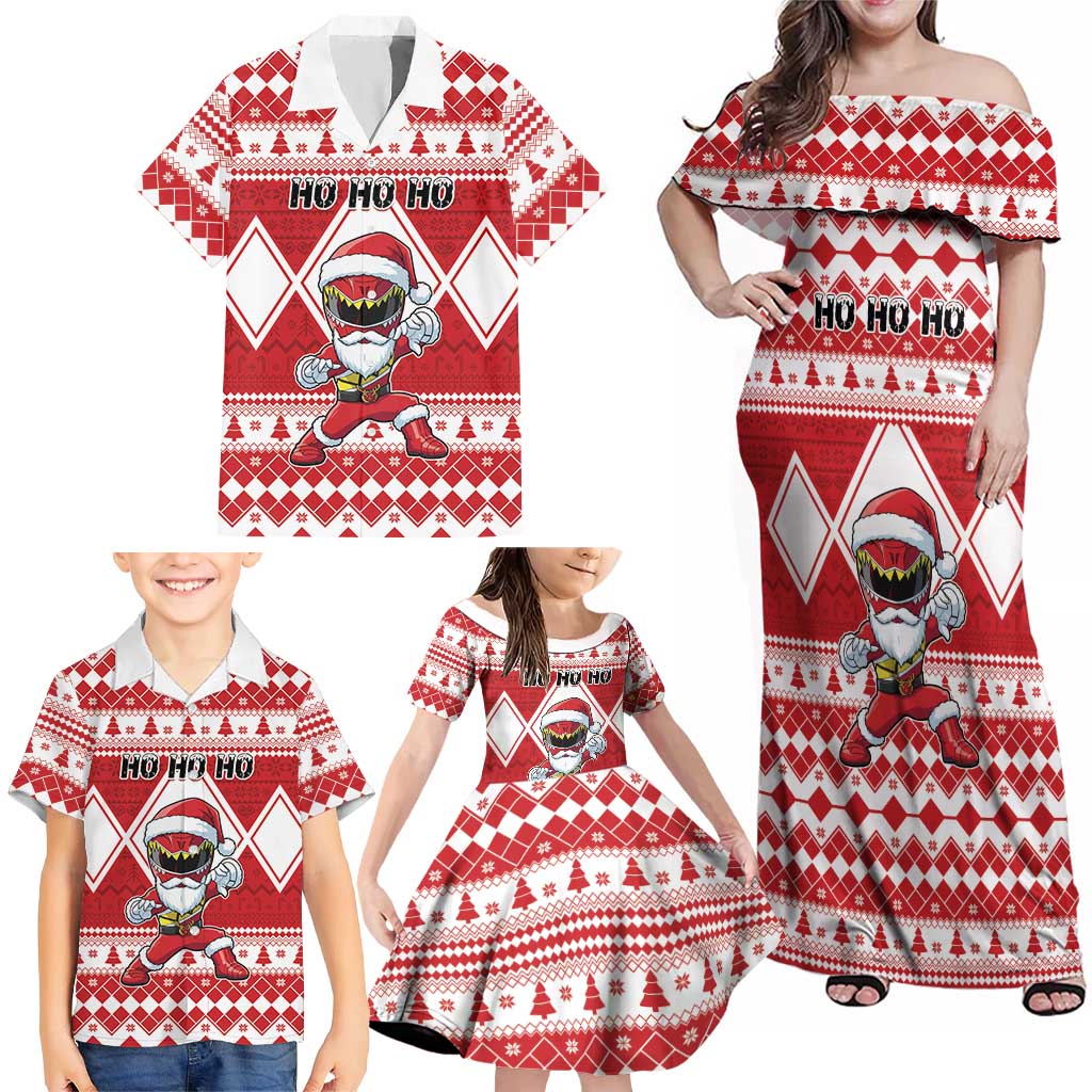 Personalized Power Red Ranger Santa Claus Family Matching Off Shoulder Maxi Dress and Hawaiian Shirt Funny Christmas - Wonder Print Shop