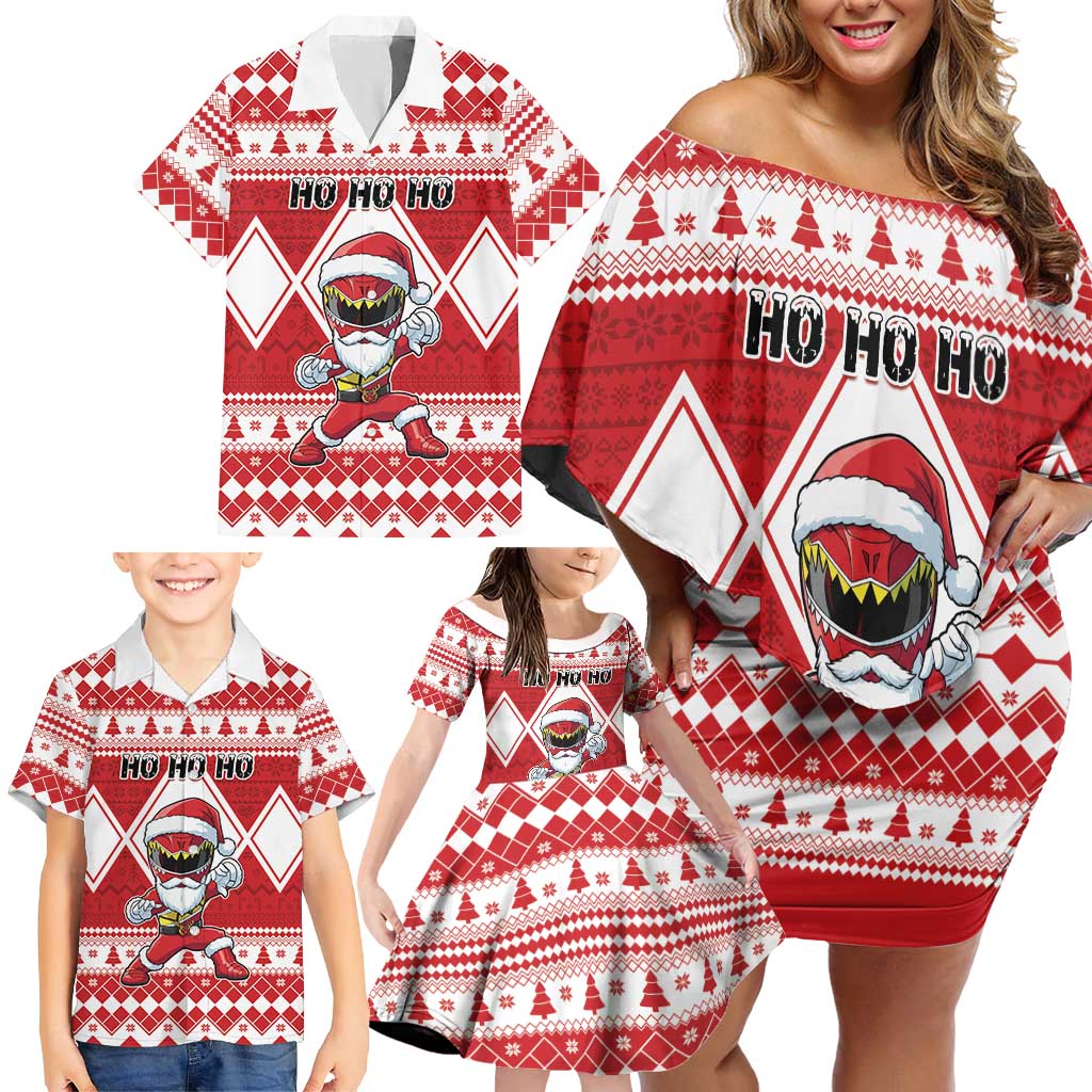 Personalized Power Red Ranger Santa Claus Family Matching Off Shoulder Short Dress and Hawaiian Shirt Funny Christmas - Wonder Print Shop