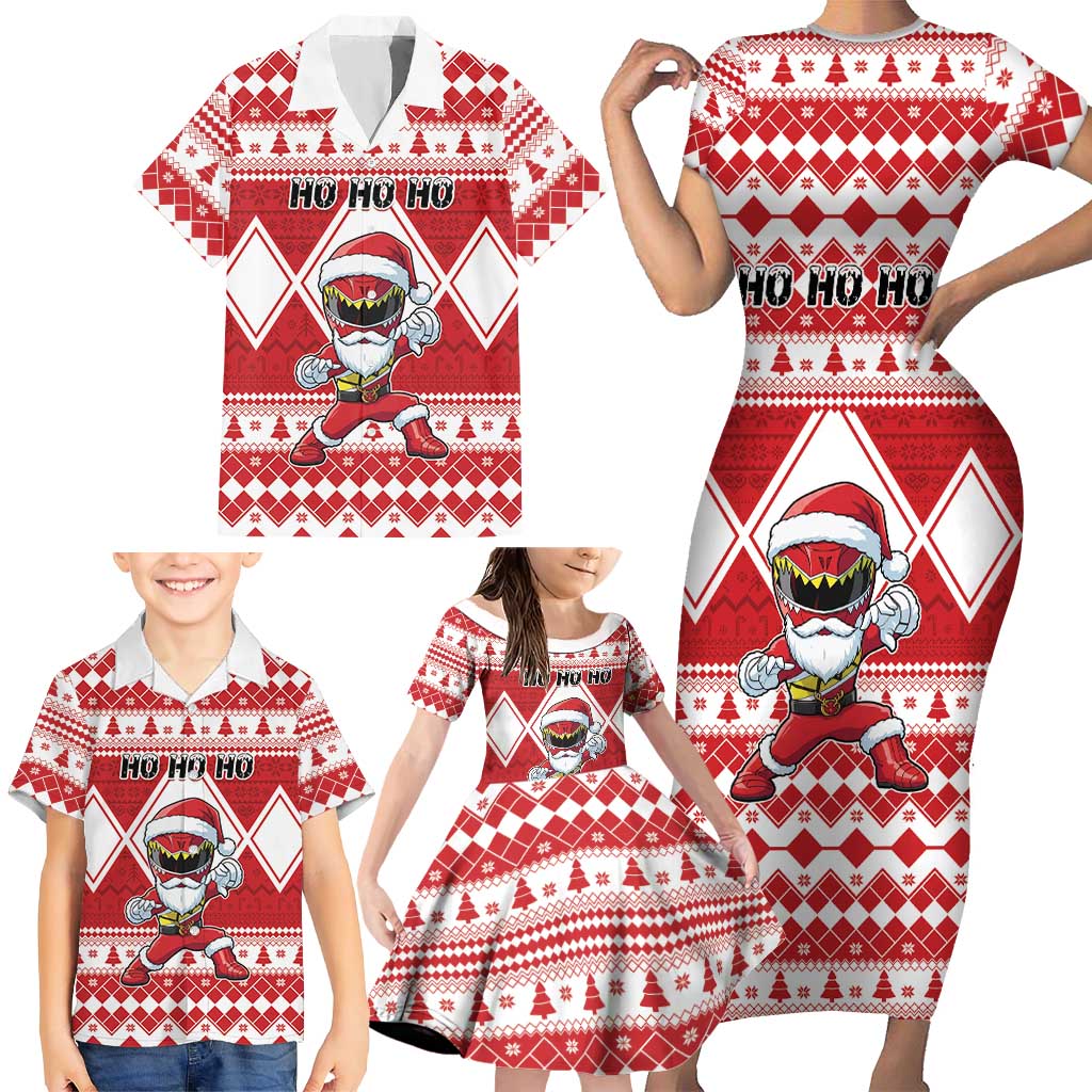 Personalized Power Red Ranger Santa Claus Family Matching Short Sleeve Bodycon Dress and Hawaiian Shirt Funny Christmas - Wonder Print Shop