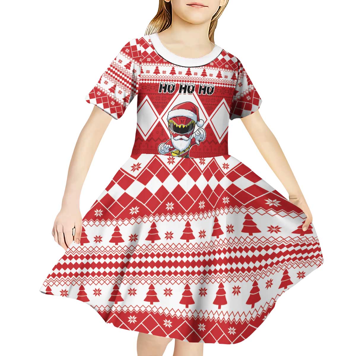Personalized Power Red Ranger Santa Claus Kid Short Sleeve Dress Funny Christmas - Wonder Print Shop
