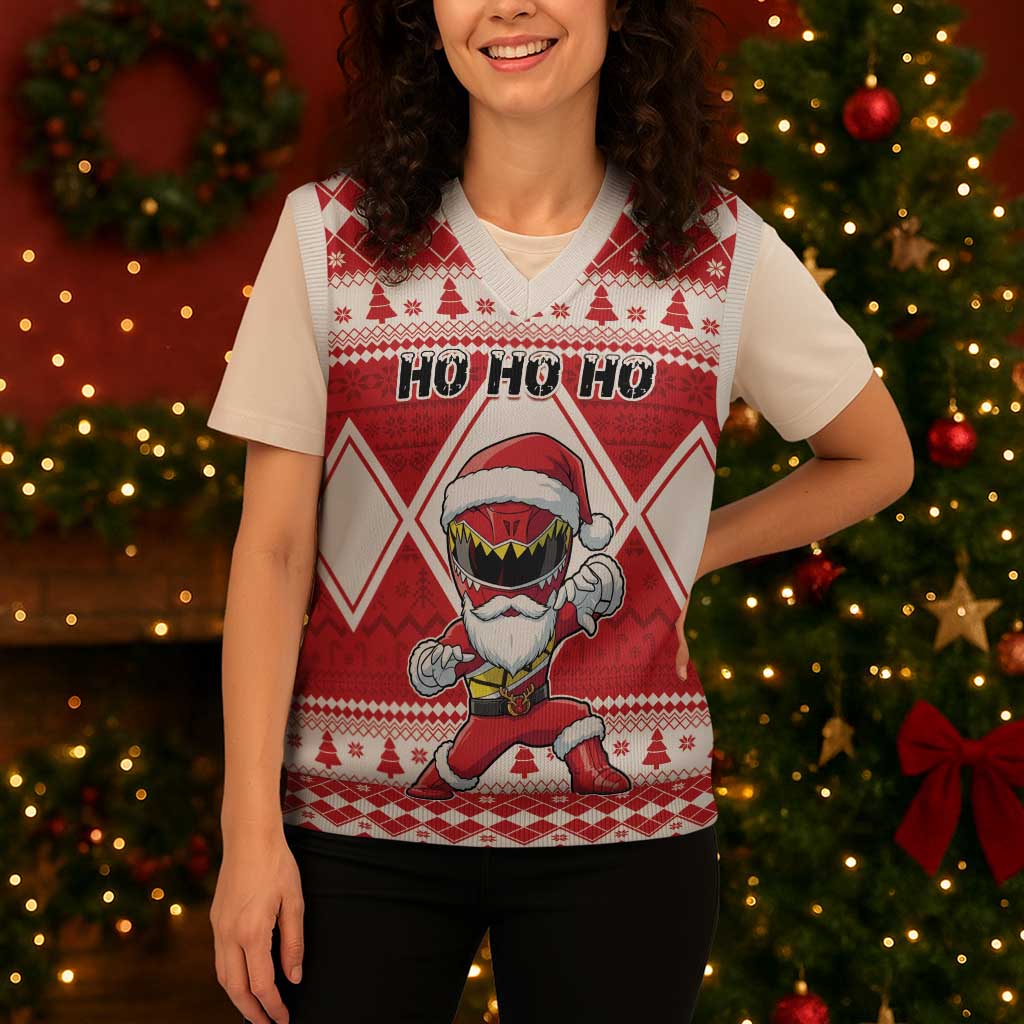 Power Red Ranger Santa Claus Christmas Knitted V-Neck Vest Funny Christmas - Wonder Print Shop