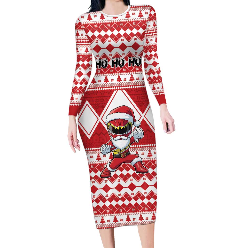 Personalized Power Red Ranger Santa Claus Long Sleeve Bodycon Dress Funny Christmas - Wonder Print Shop