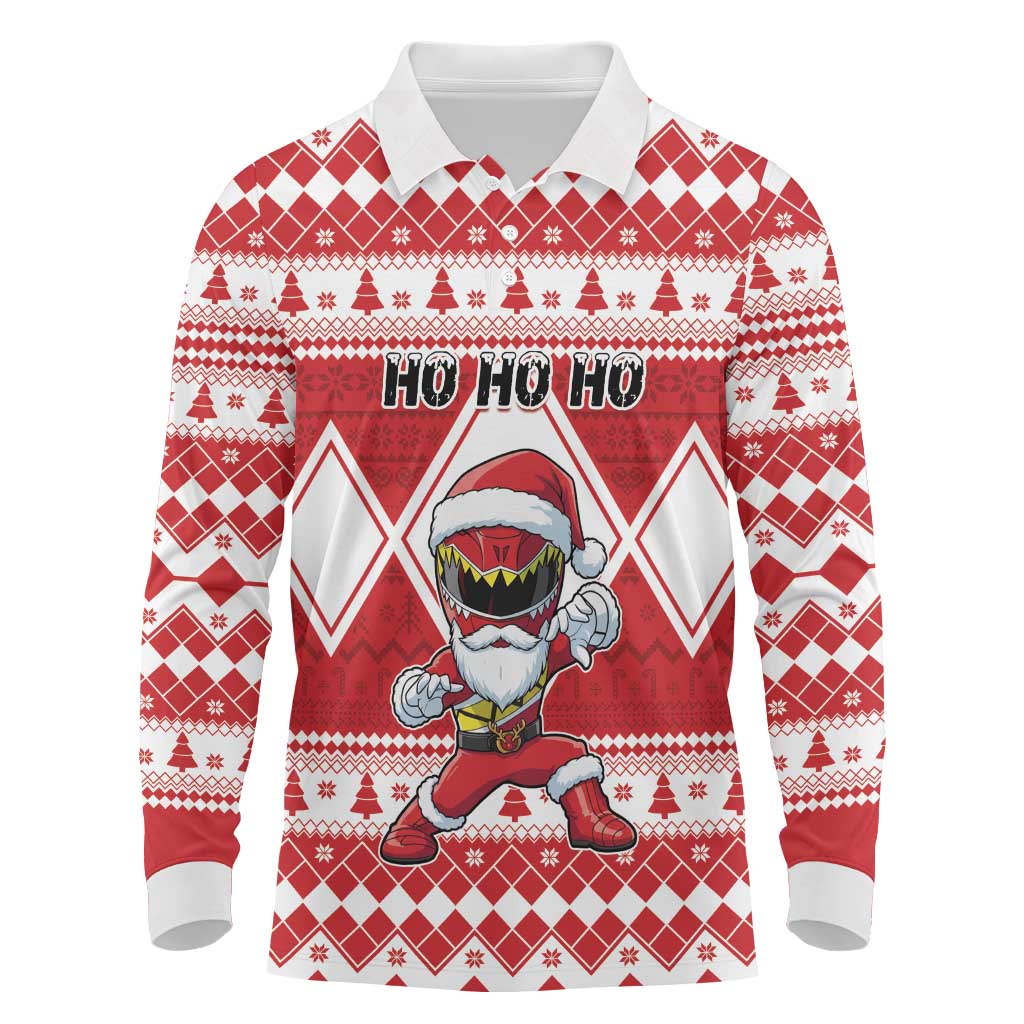 Personalized Power Red Ranger Santa Claus Long Sleeve Polo Shirt Funny Christmas - Wonder Print Shop