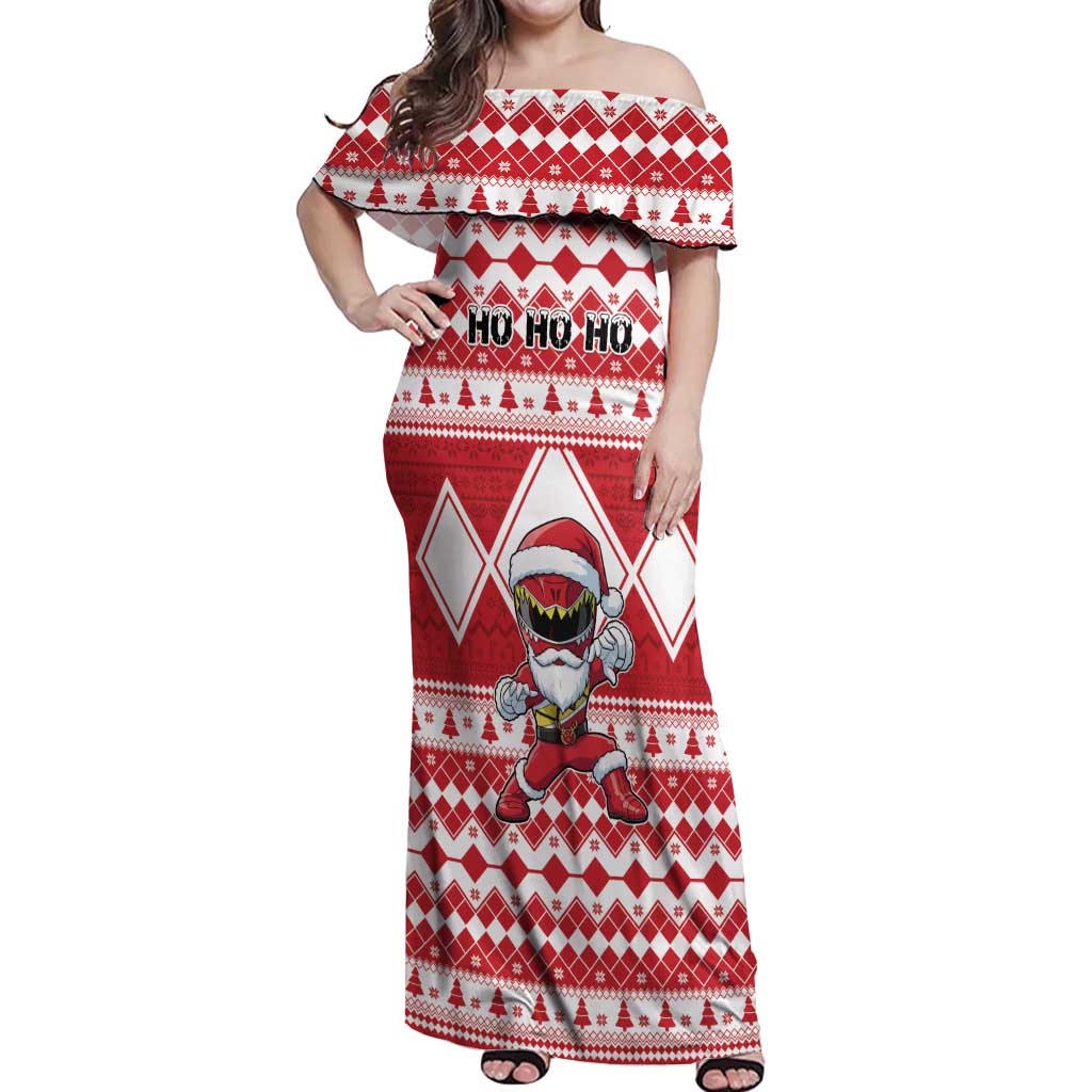 Personalized Power Red Ranger Santa Claus Off Shoulder Maxi Dress Funny Christmas - Wonder Print Shop