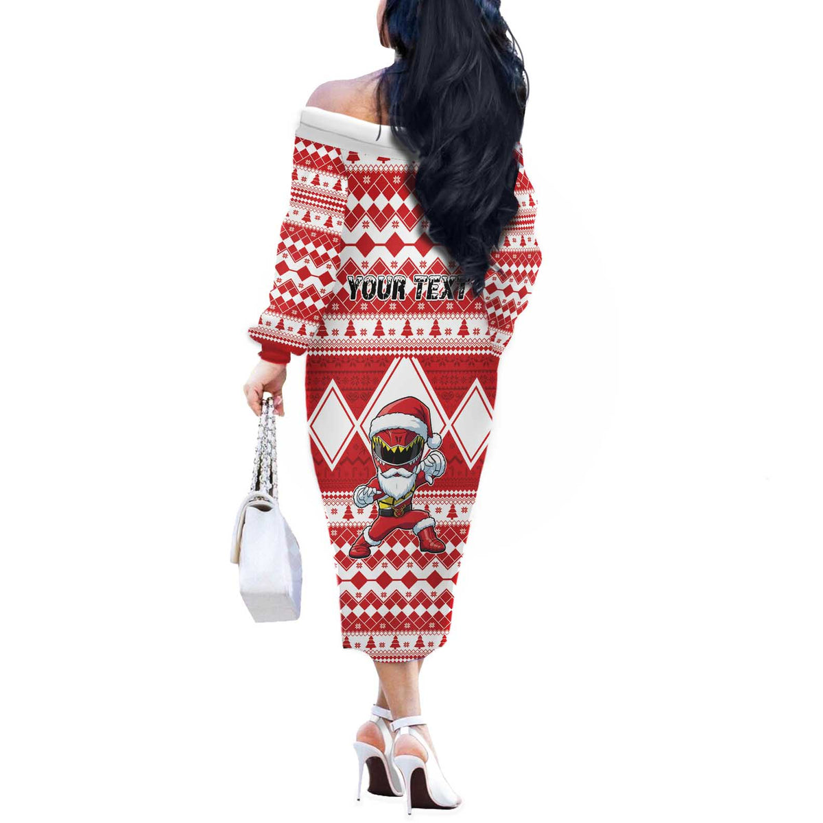 Personalized Power Red Ranger Santa Claus Off The Shoulder Long Sleeve Dress Funny Christmas - Wonder Print Shop