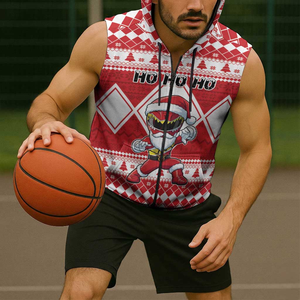 Personalized Power Red Ranger Santa Claus Sleeveless Zip Hoodie Funny Christmas - Wonder Print Shop