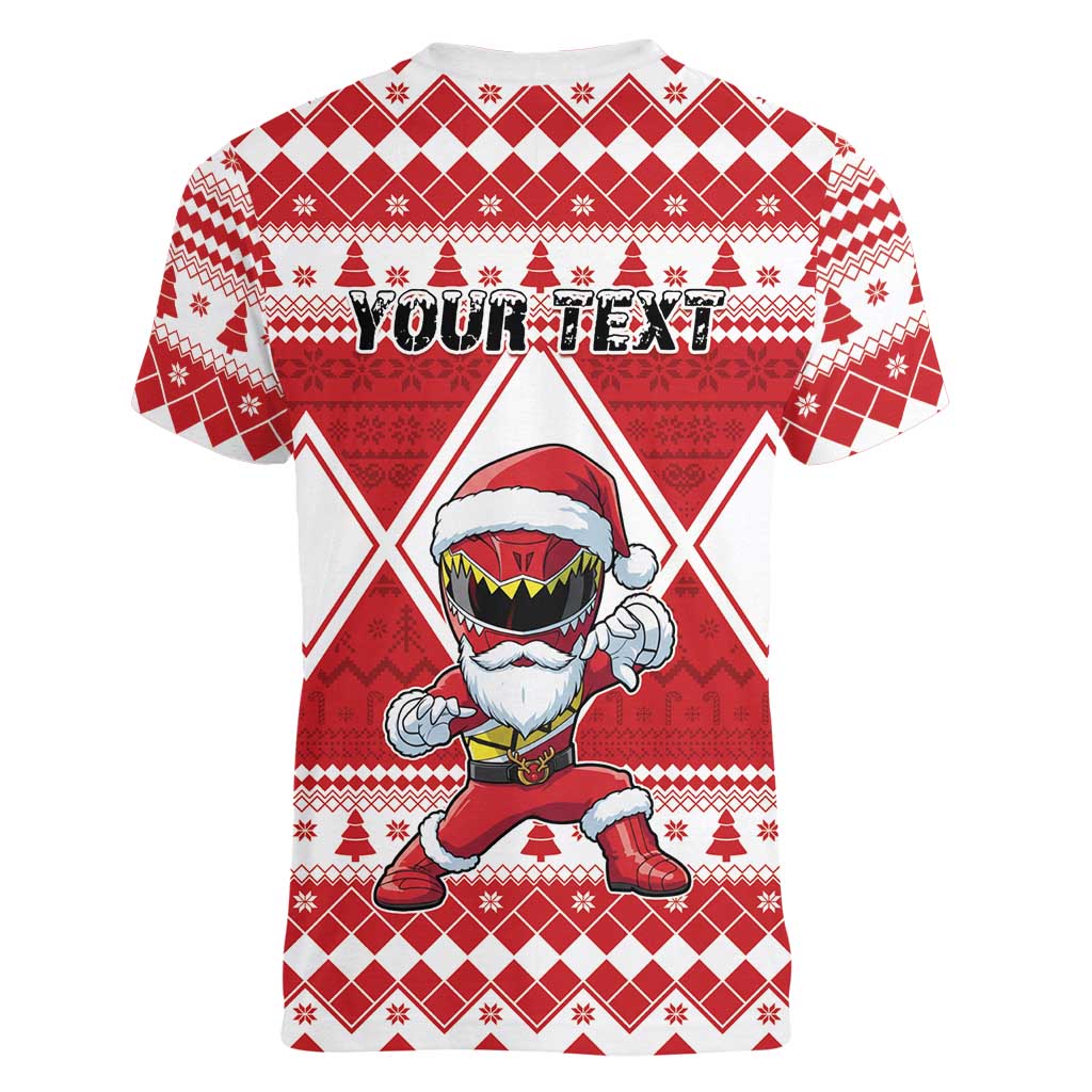 Personalized Power Red Ranger Santa Claus Women V-Neck T-Shirt Funny Christmas - Wonder Print Shop