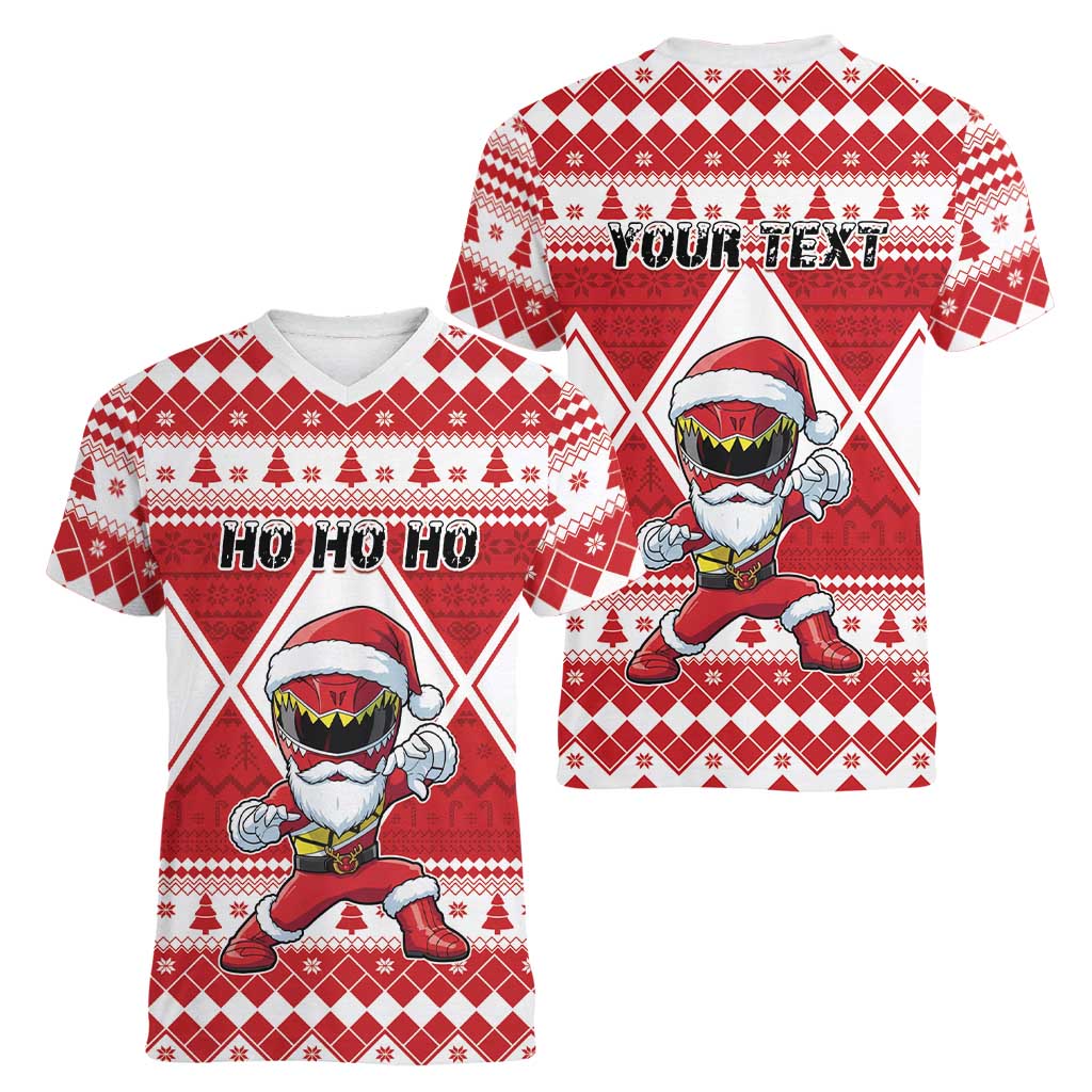 Personalized Power Red Ranger Santa Claus Women V-Neck T-Shirt Funny Christmas - Wonder Print Shop
