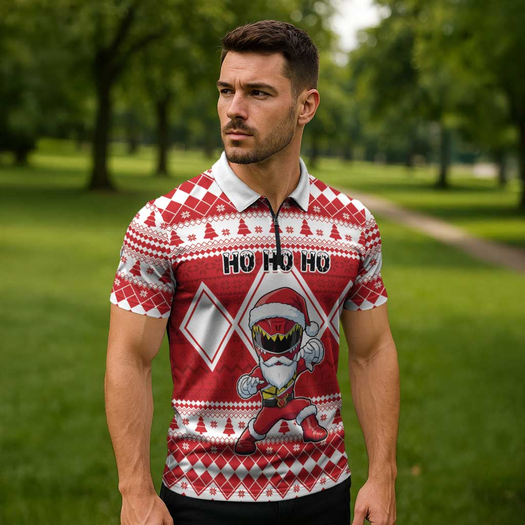 Personalized Power Red Ranger Santa Claus Zipper Polo Shirt Funny Christmas - Wonder Print Shop