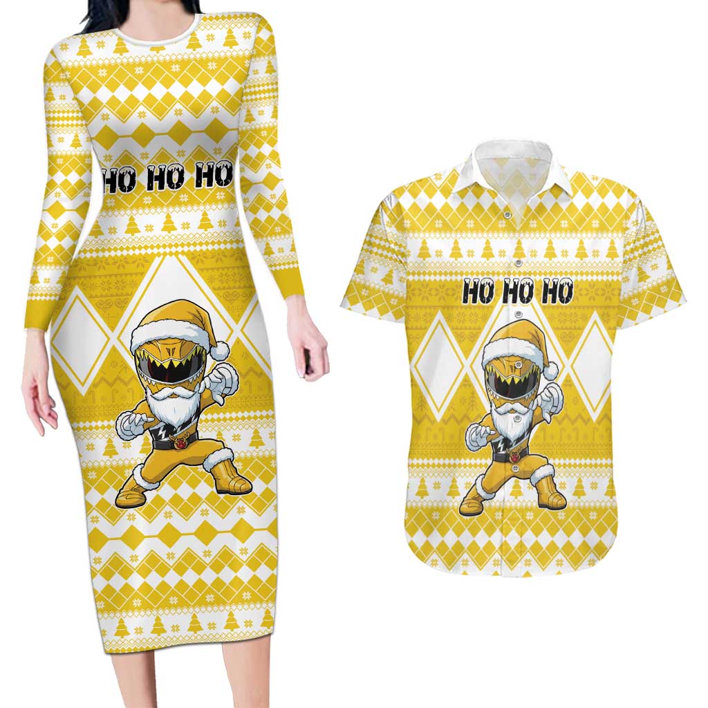 Personalized Power Yellow Ranger Santa Claus Couples Matching Long Sleeve Bodycon Dress and Hawaiian Shirt Funny Christmas - Wonder Print Shop